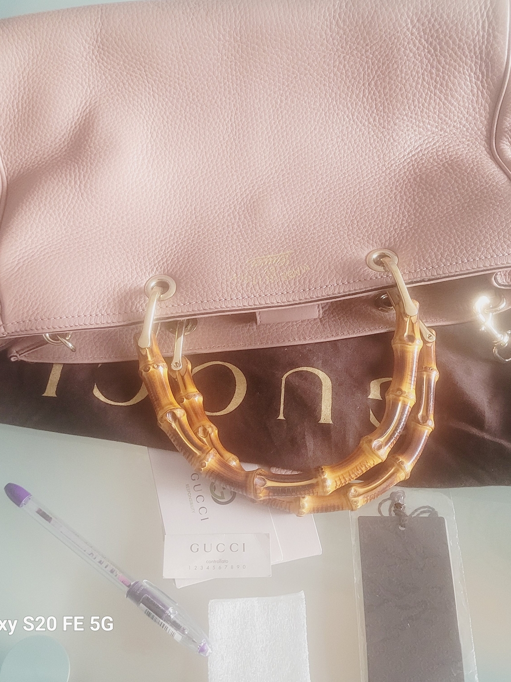 Gucci Bamboo Handle Leather Tote in Dusty Pink